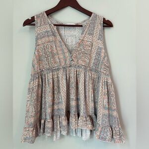 Ces Femme Medium, Peplum Mixed Paisley/Geometric Tank, Fit & Flare Summer Top